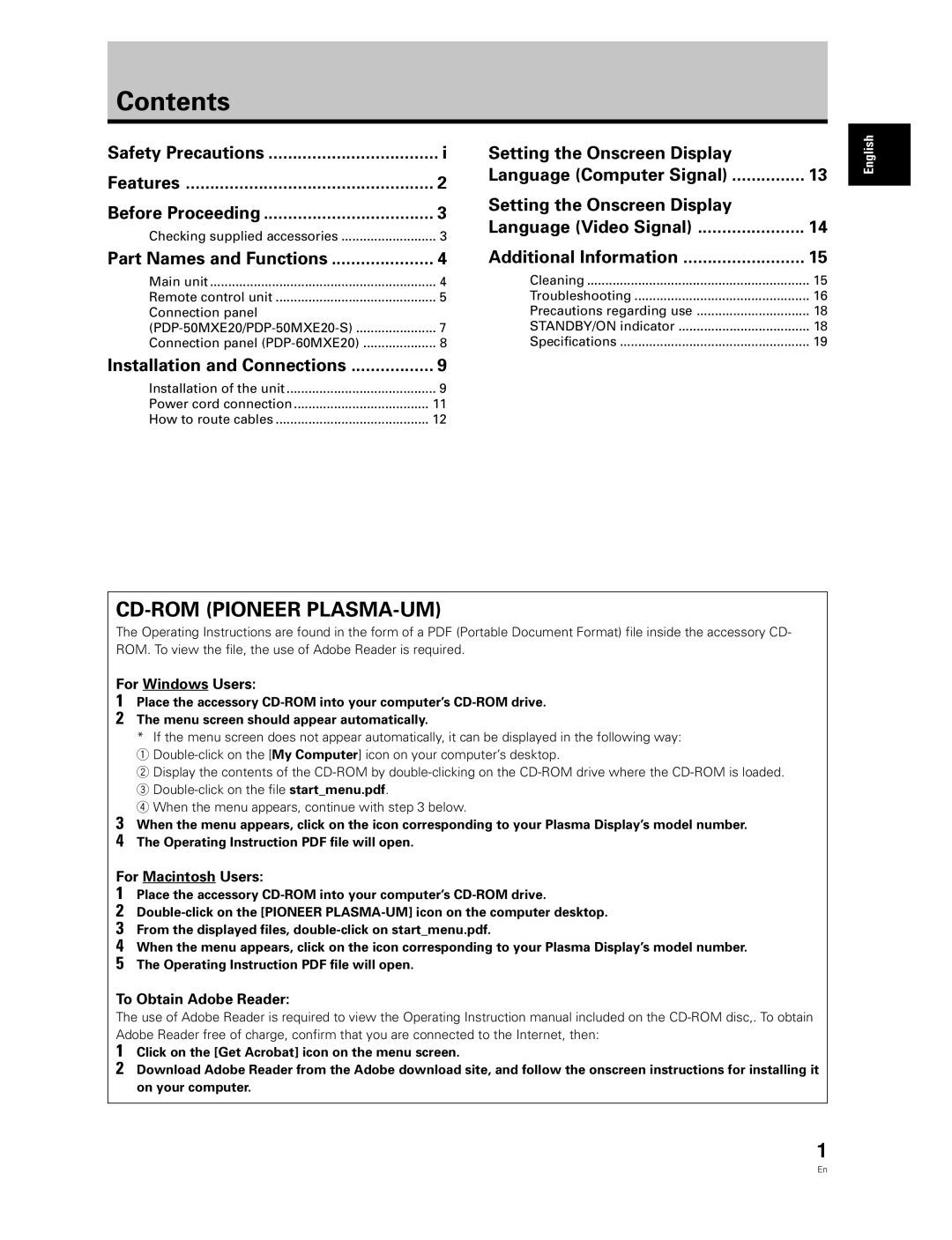 Pioneer PDP-50MXE20-S, PDP-60MXE20 manual Contents 