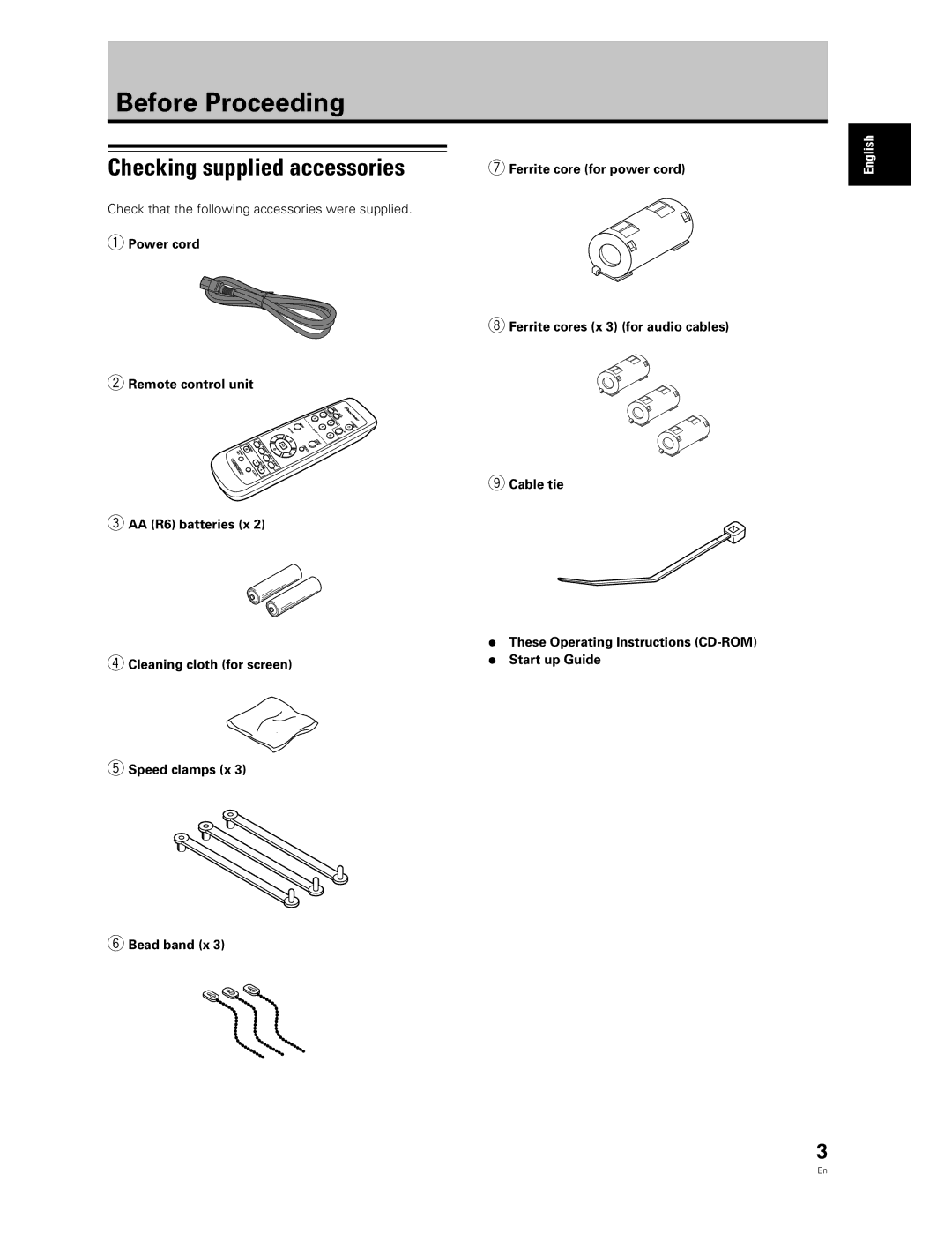 Pioneer PDP-60MXE20, PDP-50MXE20-S manual Before Proceeding, Checking supplied accessories, Ferrite core for power cord 