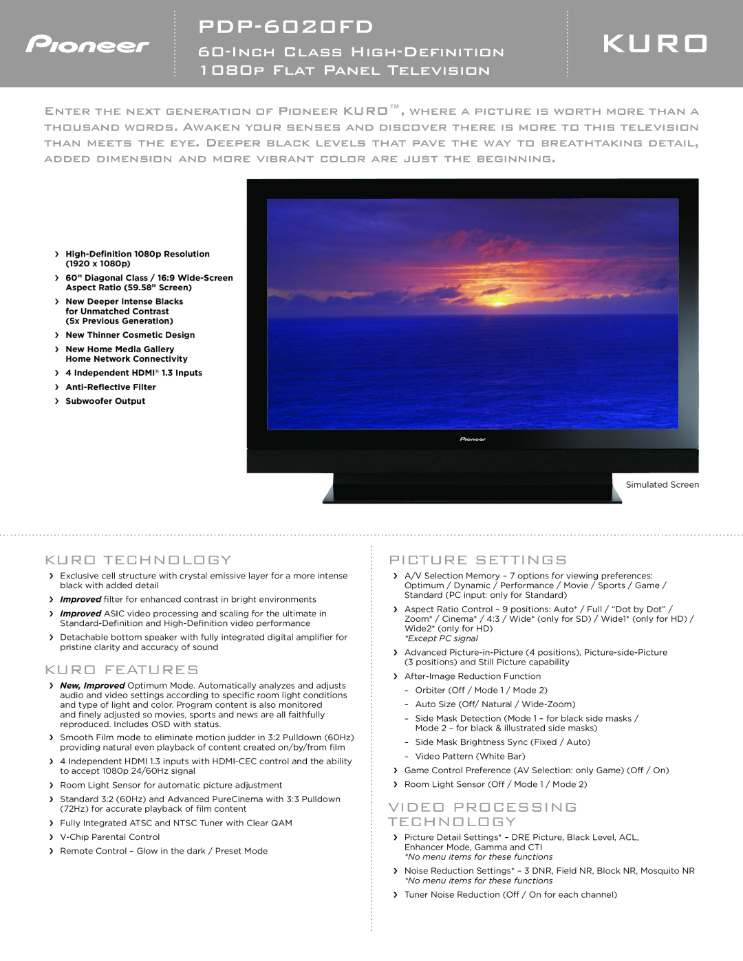 Pioneer PDP 6020FD manual Kuro Technology, Kuro Features, Video Processing Technology, Picture Settings 