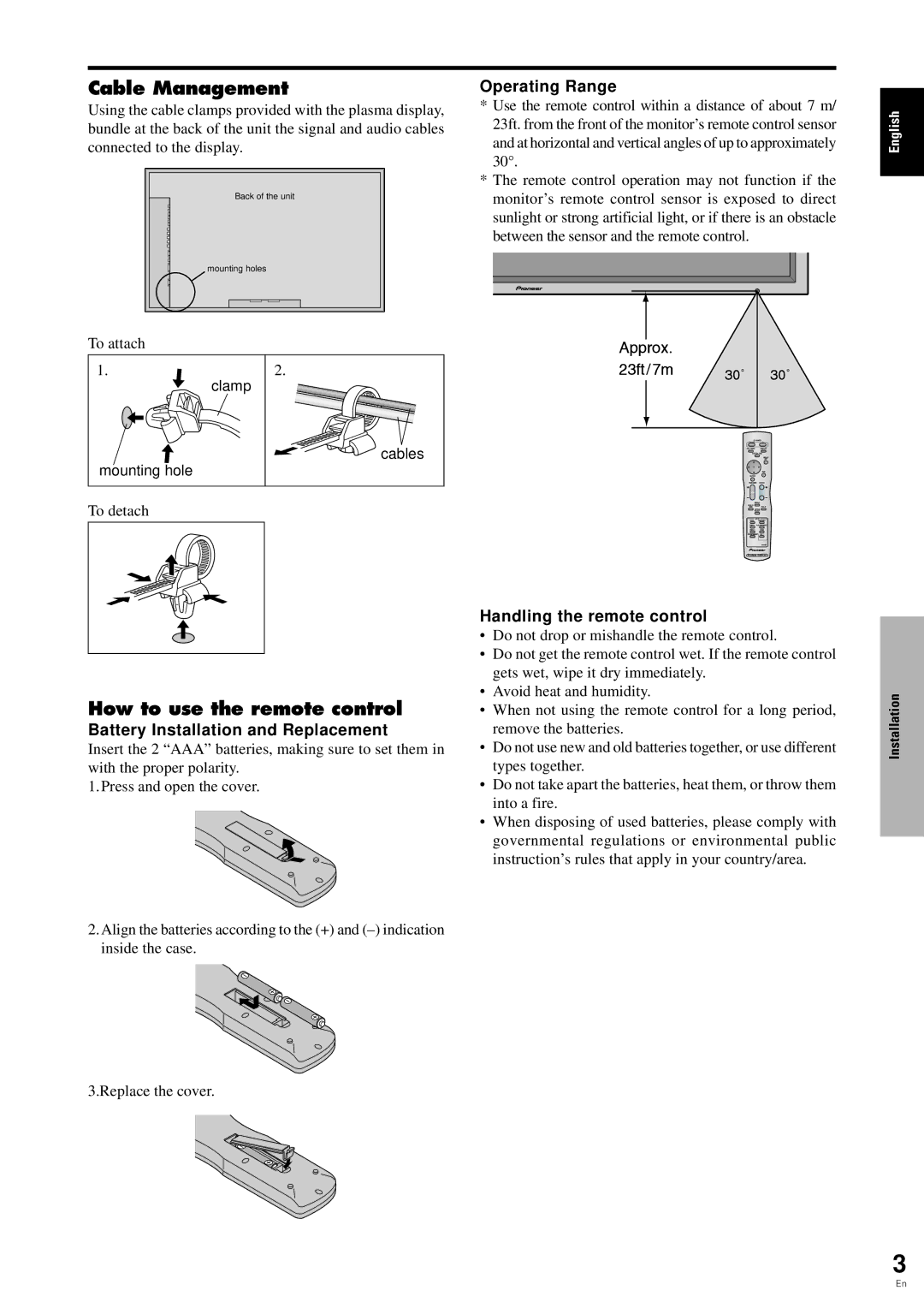 Pioneer PDP-6100HD Cable Management, How to use the remote control, Operating Range, Battery Installation and Replacement 