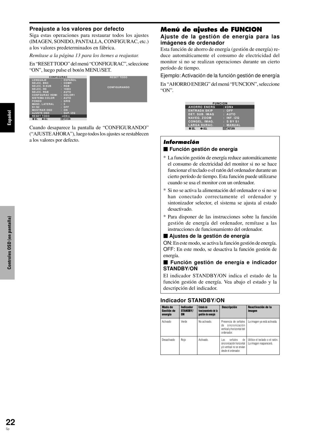 Pioneer PDP-6100HD manual Menú de ajustes de Funcion, Preajuste a los valores por defecto, Indicador STANDBY/ON 