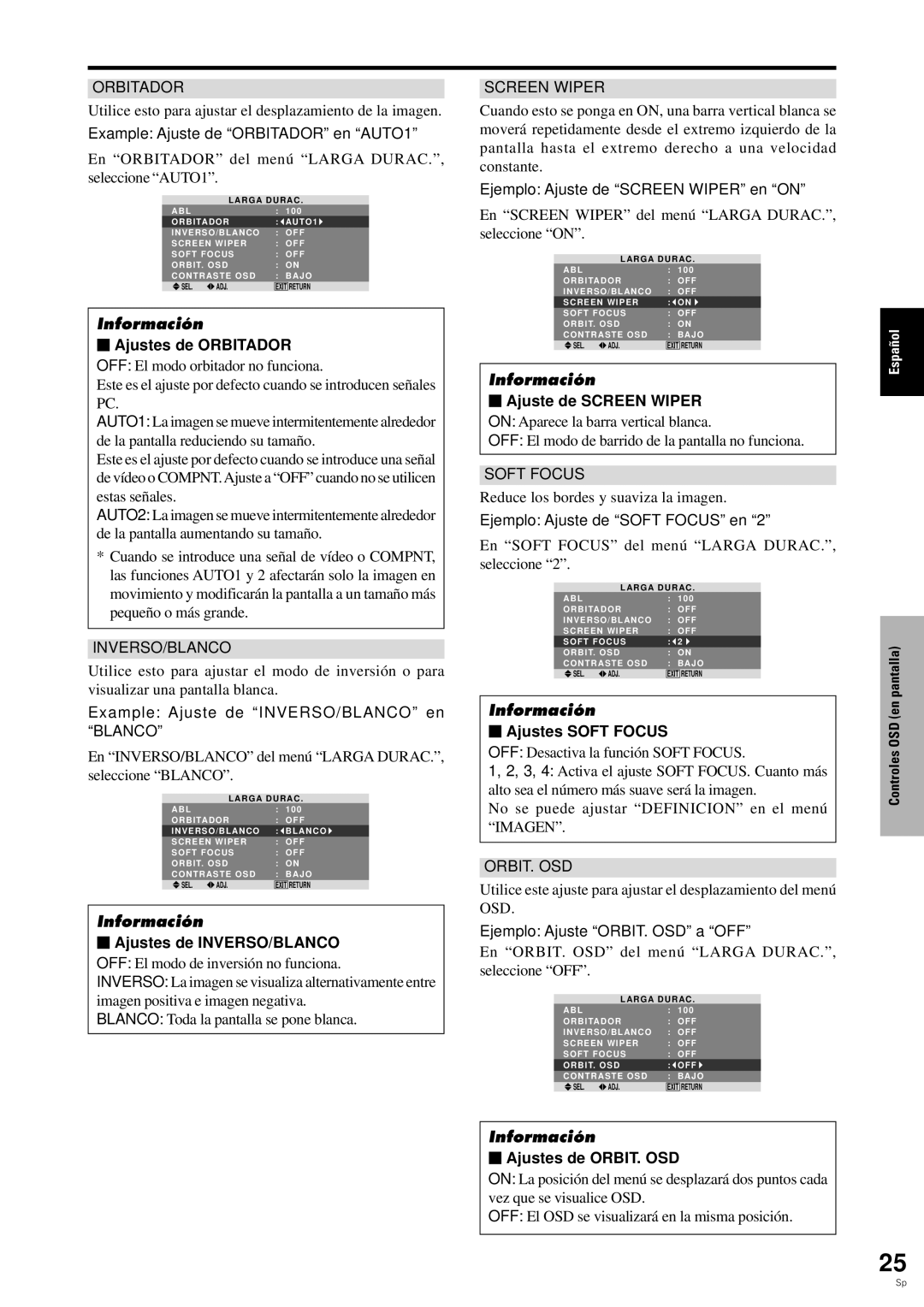 Pioneer PDP-6100HD manual  Ajustes de INVERSO/BLANCO,  Ajustes Soft Focus,  Ajustes de ORBIT. OSD 