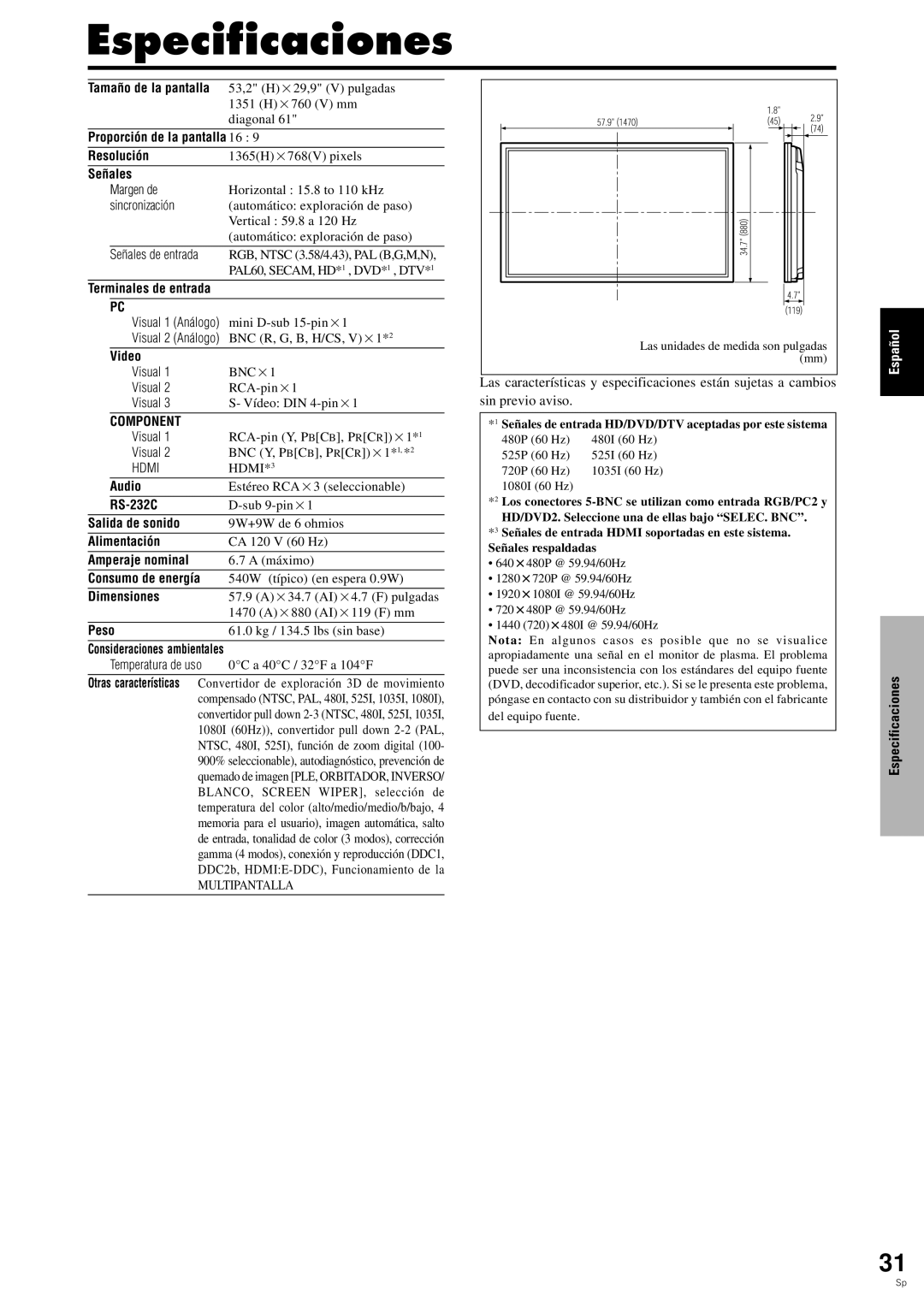 Pioneer PDP-6100HD manual Especificaciones, Señales 