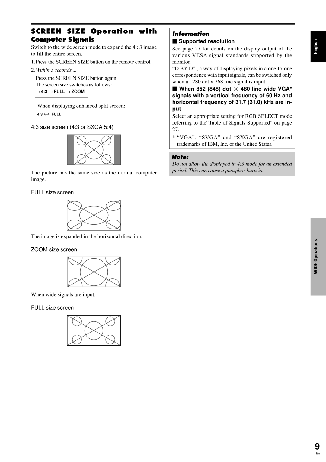 Pioneer PDP-6100HD manual Screen Size Operation with Computer Signals, Size screen 43 or Sxga, Zoom size screen 