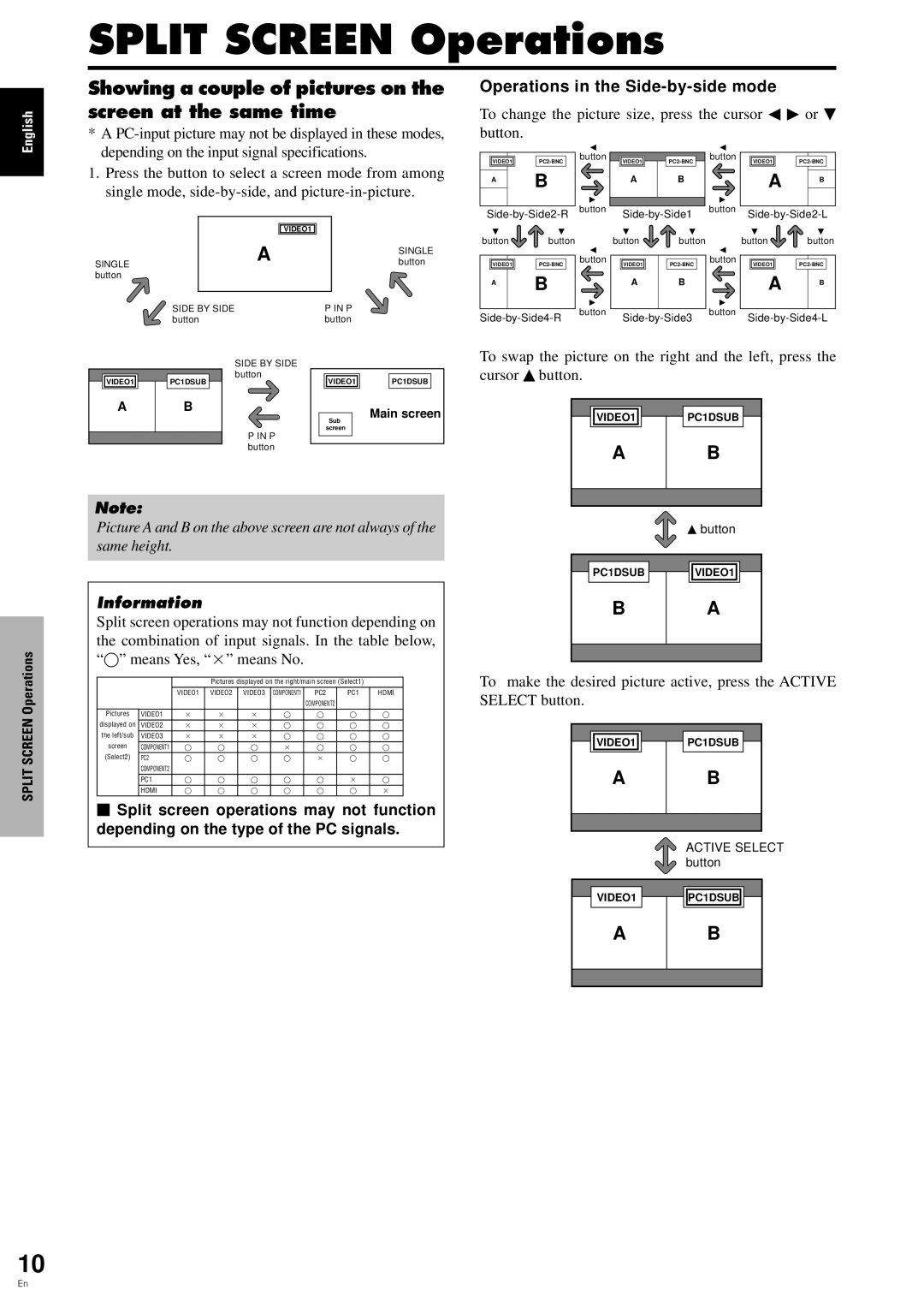 Pioneer PDP-6100HD manual Split Screen Operations, Showing a couple of pictures on the screen at the same time 