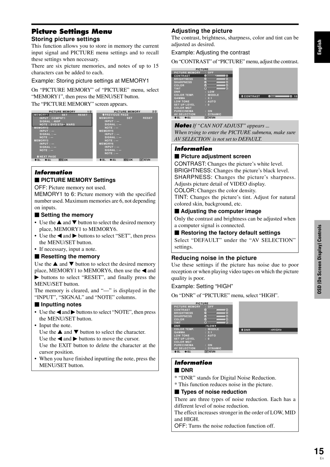 Pioneer PDP-6100HD Picture Settings Menu, Storing picture settings, Adjusting the picture, Reducing noise in the picture 