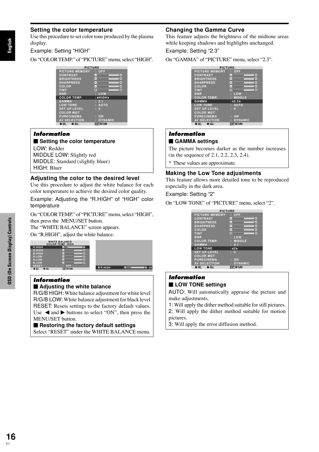 Pioneer PDP-6100HD manual Setting the color temperature, Adjusting the color to the desired level, Changing the Gamma Curve 