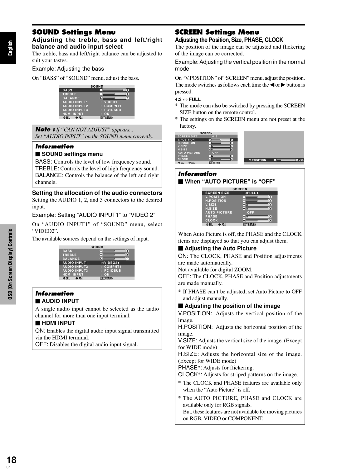 Pioneer PDP-6100HD manual Sound Settings Menu, Screen Settings Menu, Setting the allocation of the audio connectors 