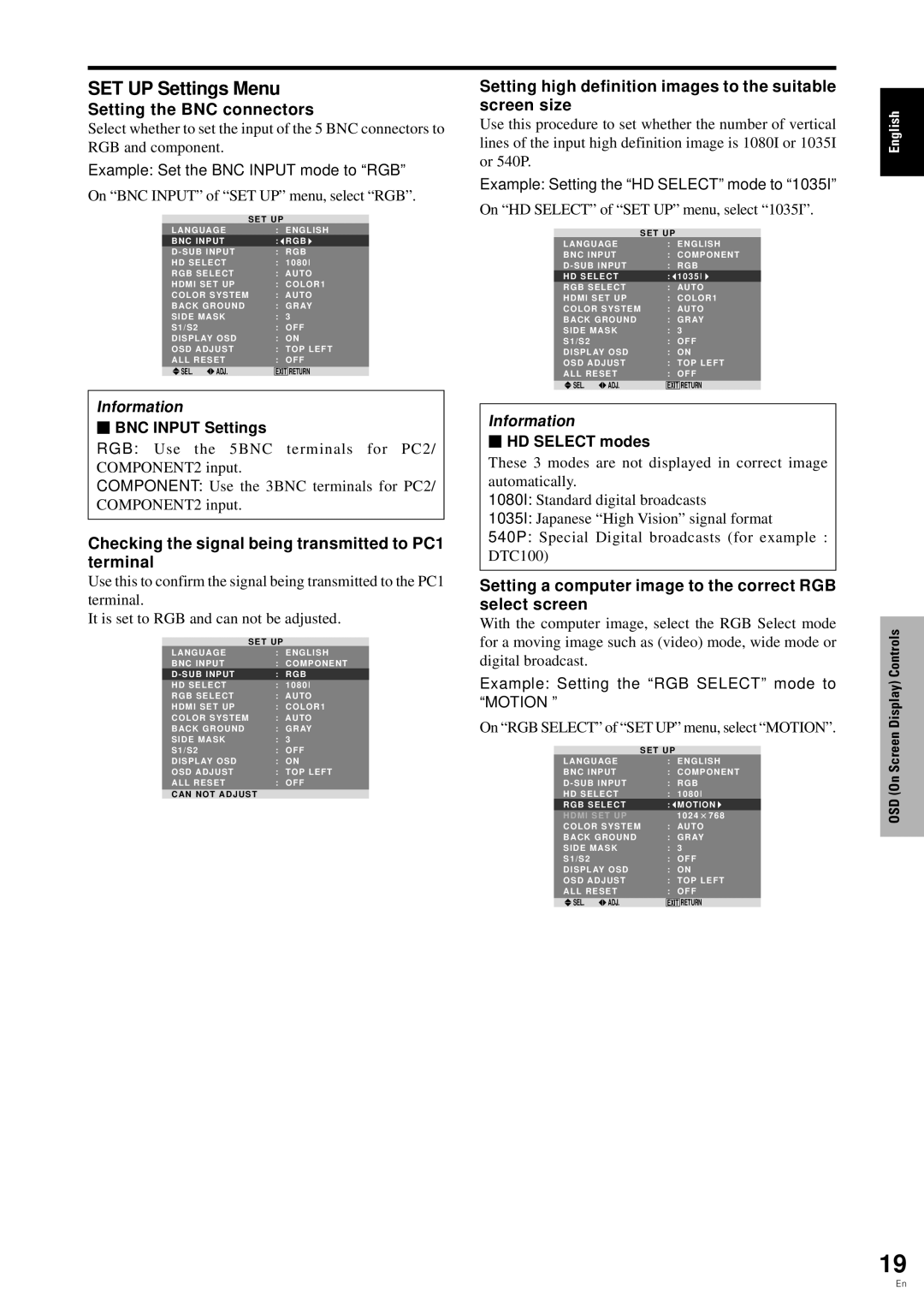 Pioneer PDP-6100HD SET UP Settings Menu, Setting the BNC connectors, Checking the signal being transmitted to PC1 terminal 