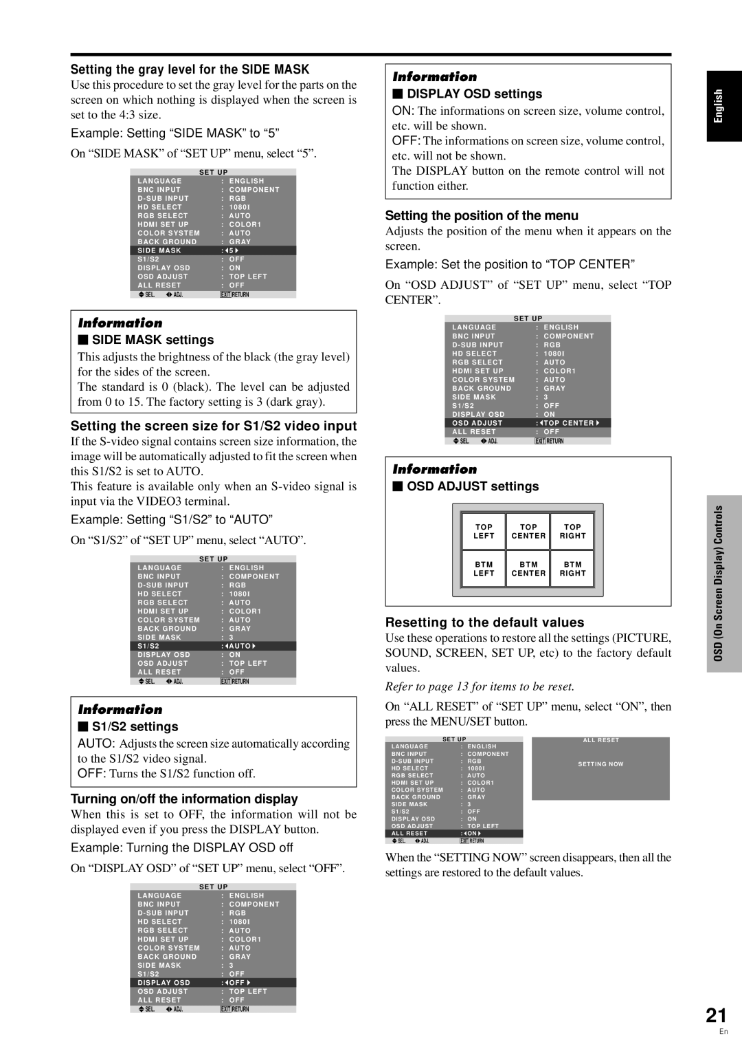 Pioneer PDP-6100HD manual Setting the gray level for the Side Mask, Setting the position of the menu 