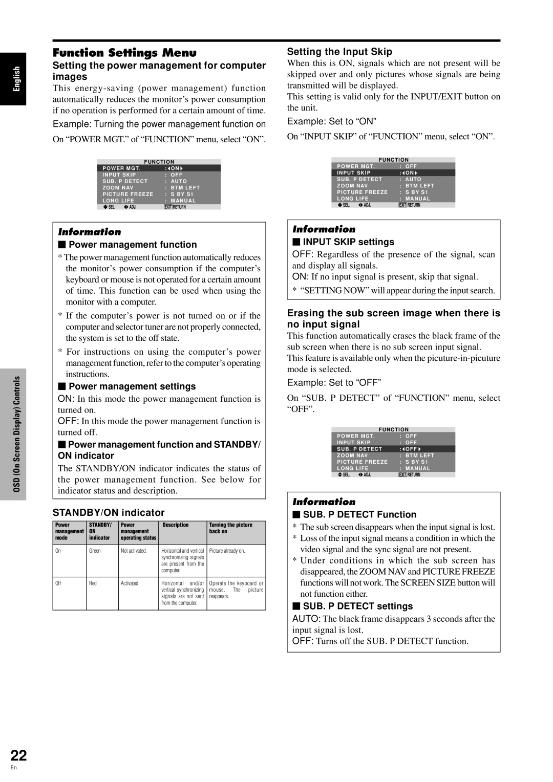 Pioneer PDP-6100HD manual Function Settings Menu, Setting the power management for computer images, STANDBY/ON indicator 