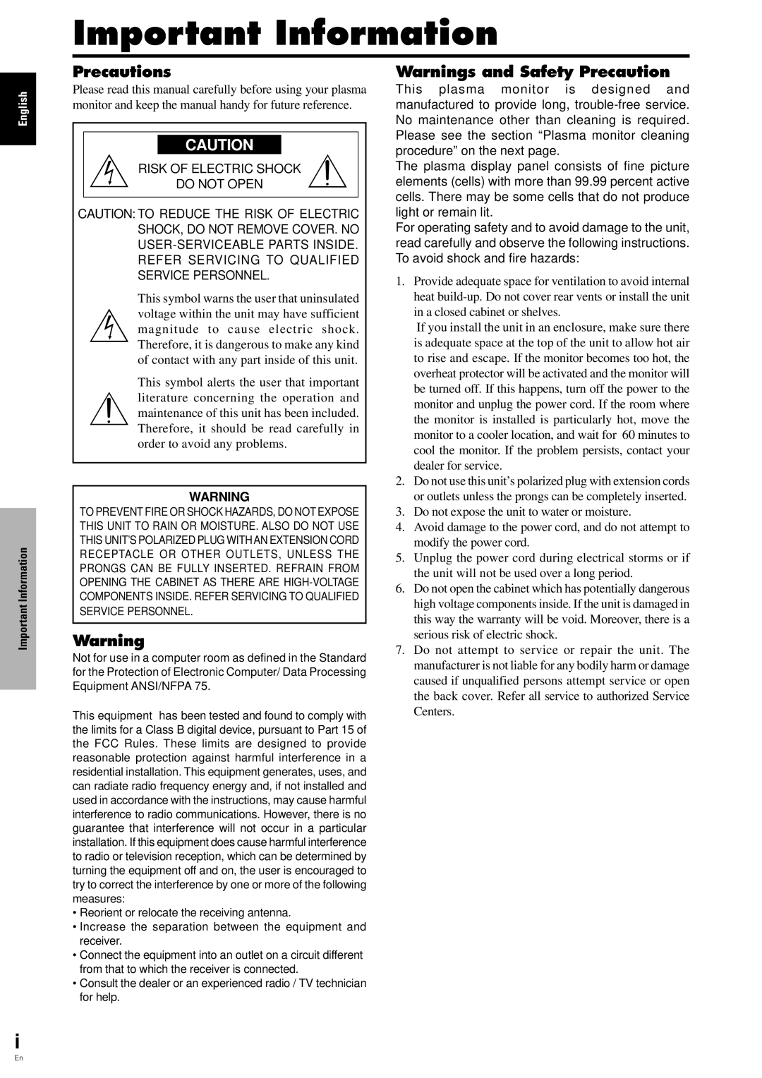 Pioneer PDP-6100HD manual Important Information, Precautions, Risk of Electric Shock Do not Open 