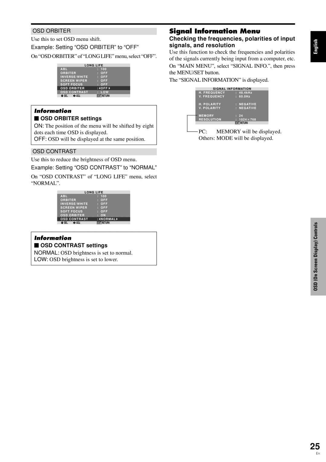 Pioneer PDP-6100HD manual Signal Information Menu,  OSD Orbiter settings, OSD Contrast 