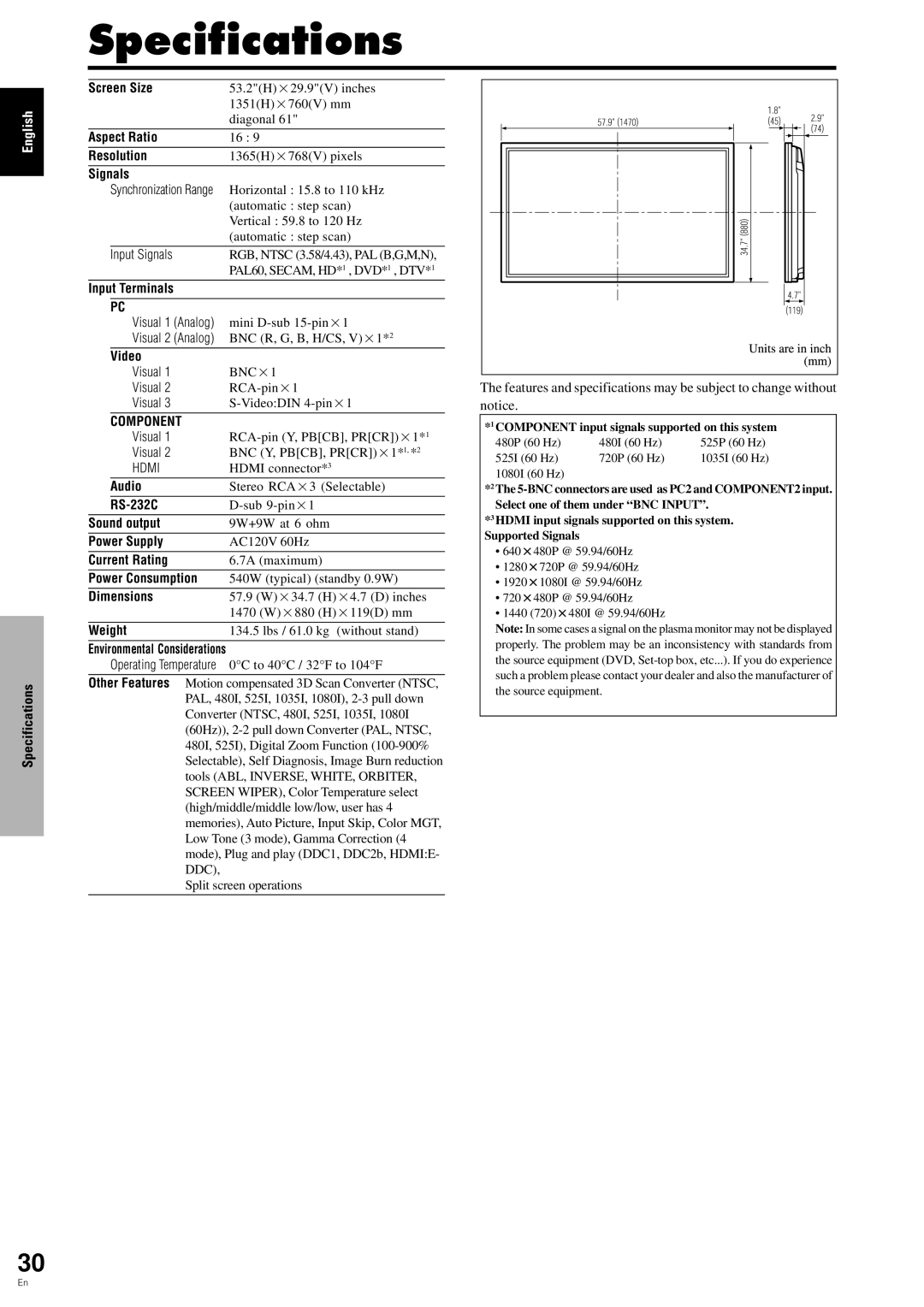 Pioneer PDP-6100HD manual Specifications, Signals 