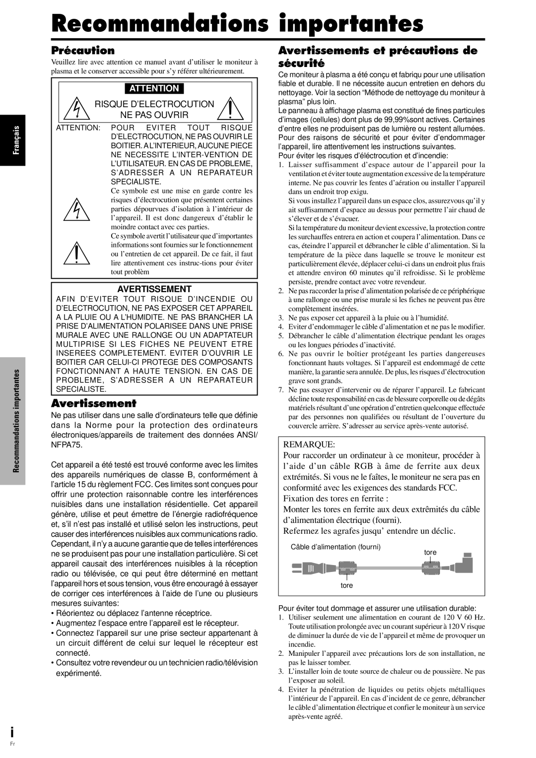 Pioneer PDP-6100HD manual Recommandations importantes, Précaution, Avertissements et précautions de sécurité 