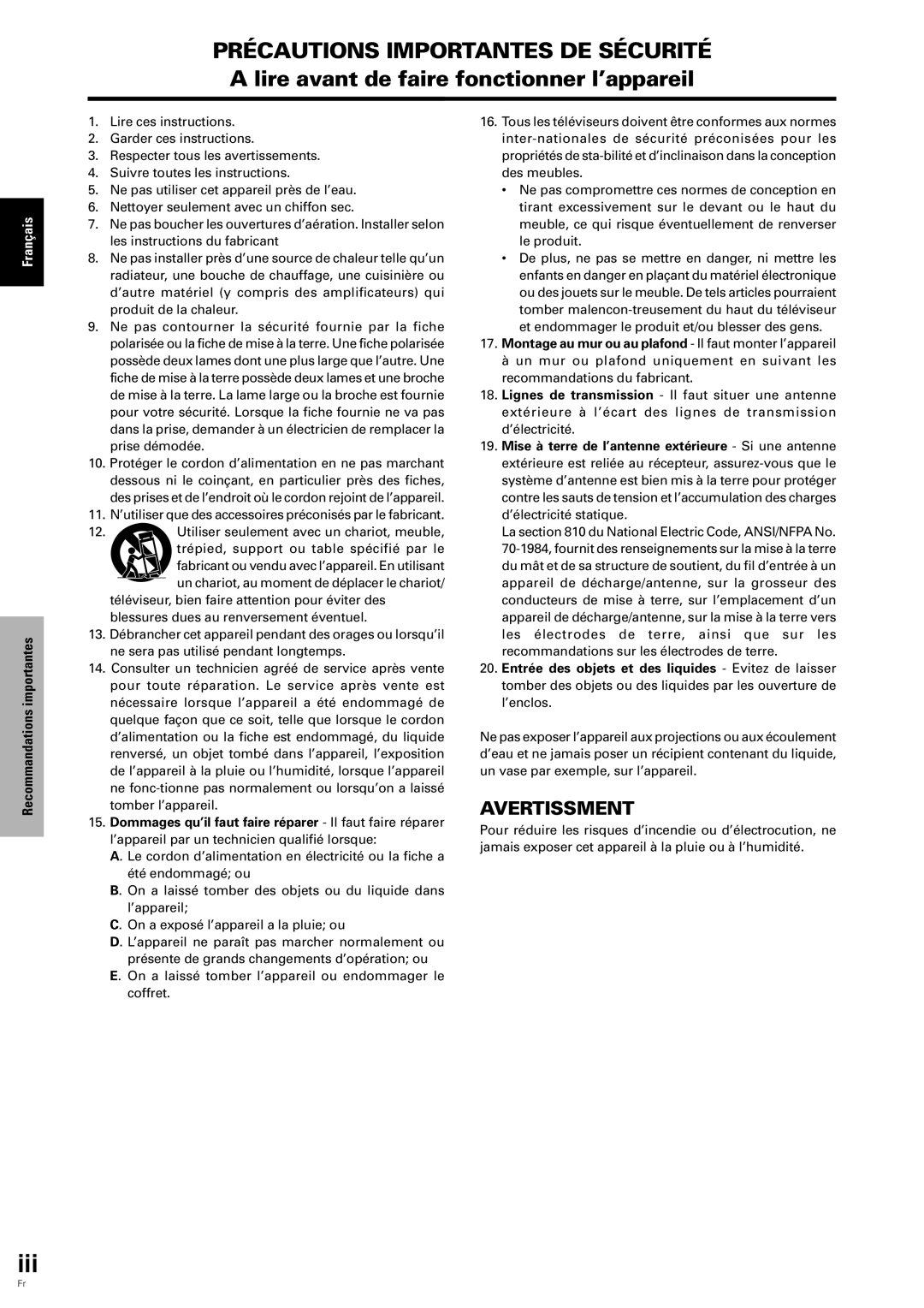 Pioneer PDP-6100HD manual Avertissment 