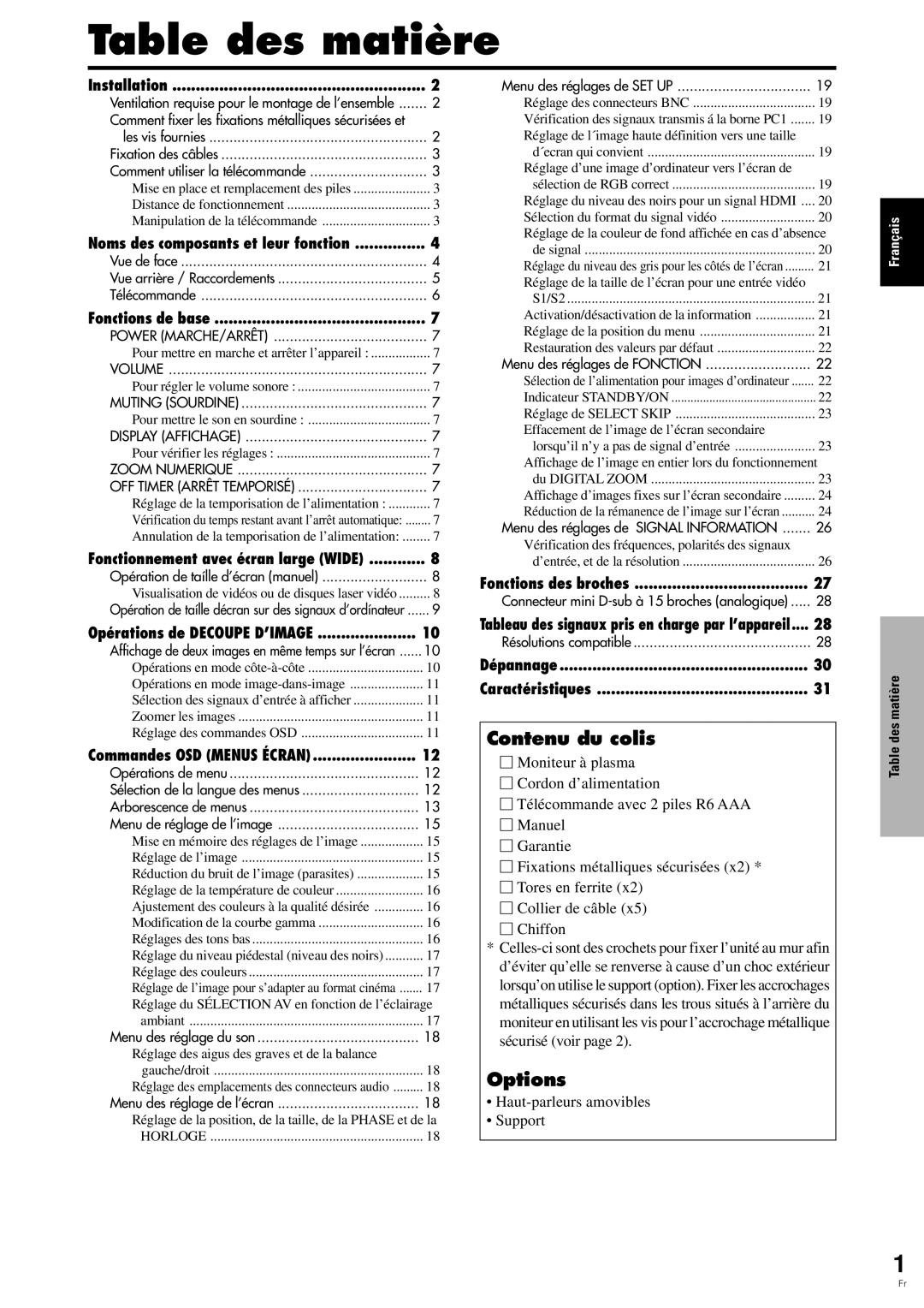 Pioneer PDP-6100HD manual Table des matière, Contenu du colis, Haut-parleurs amovibles Support 