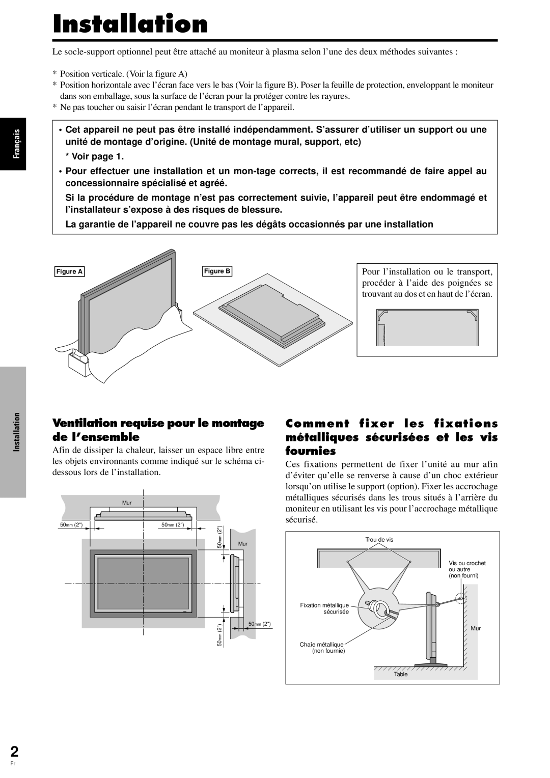 Pioneer PDP-6100HD manual Ventilation requise pour le montage de l’ensemble, Pour l’installation ou le transport 