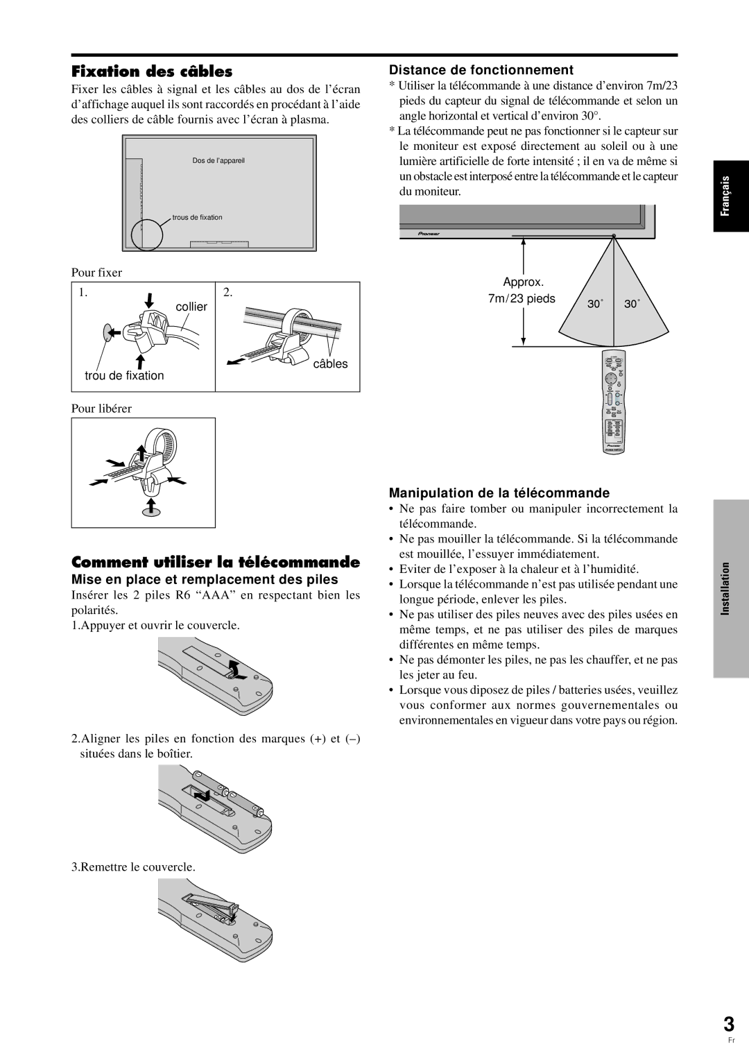 Pioneer PDP-6100HD manual Fixation des câbles, Comment utiliser la télécommande, Distance de fonctionnement 