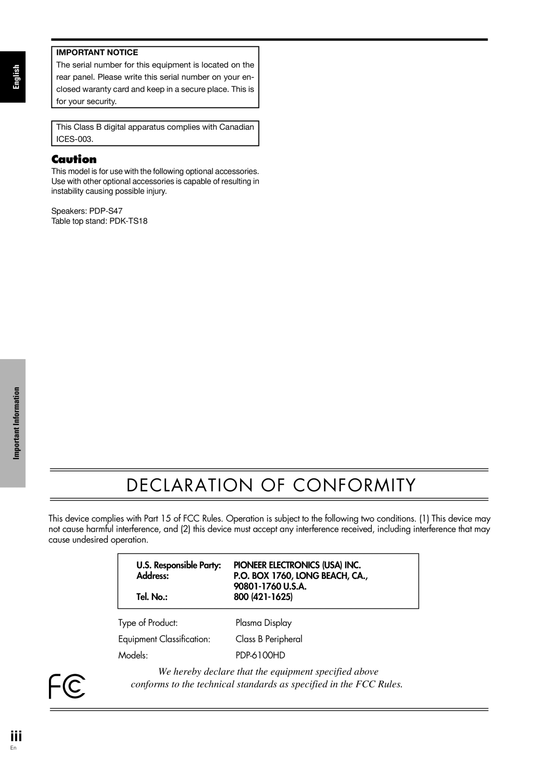 Pioneer PDP-6100HD manual Declaration of Conformity 