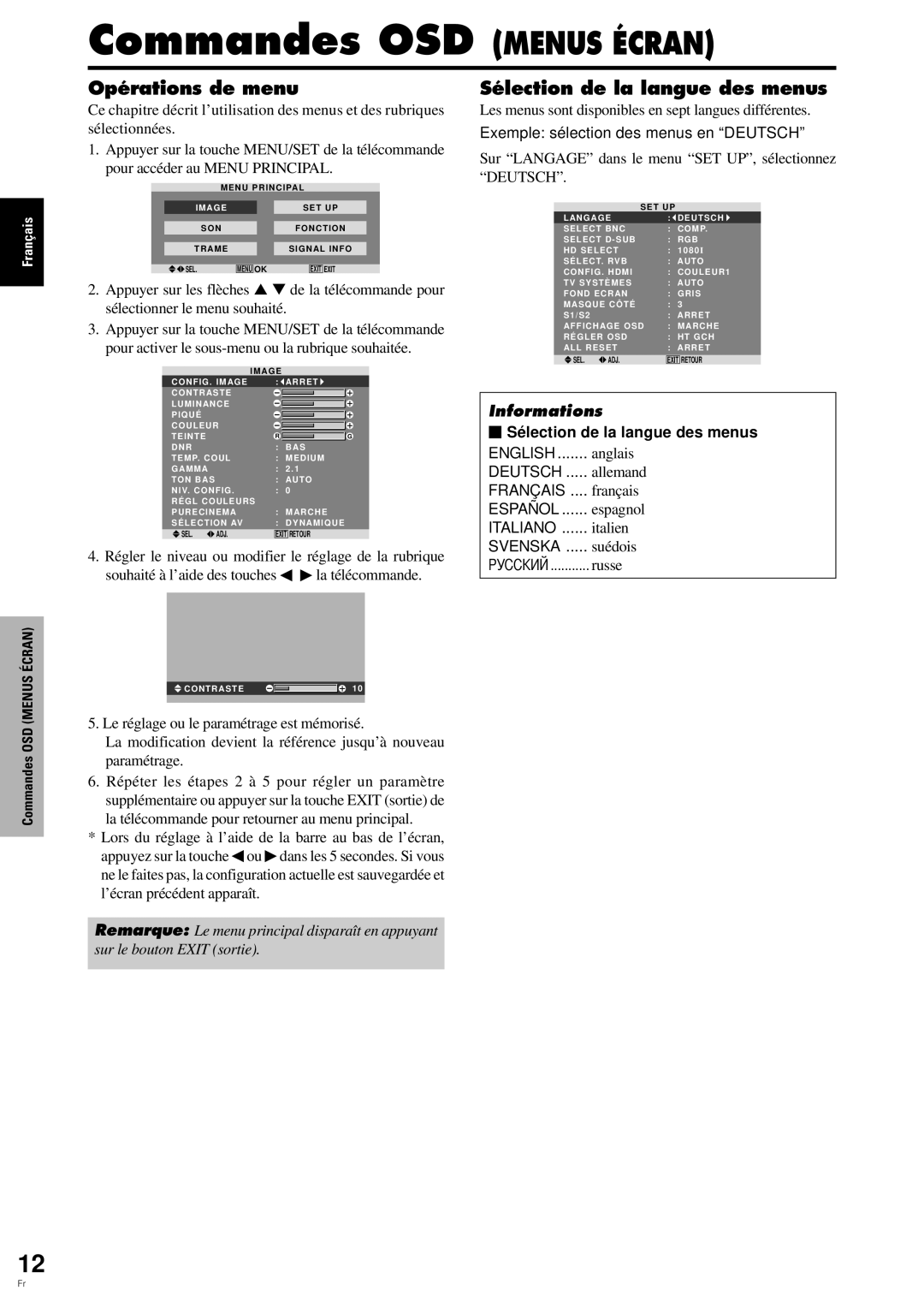 Pioneer PDP-6100HD manual Commandes OSD Menus Écran, Opérations de menu, Sélection de la langue des menus 