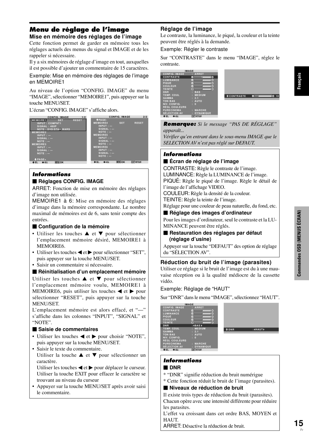 Pioneer PDP-6100HD manual Menu de réglage de l’image, Mise en mé moire des ré glages de l’image, Ré glage de l’image 