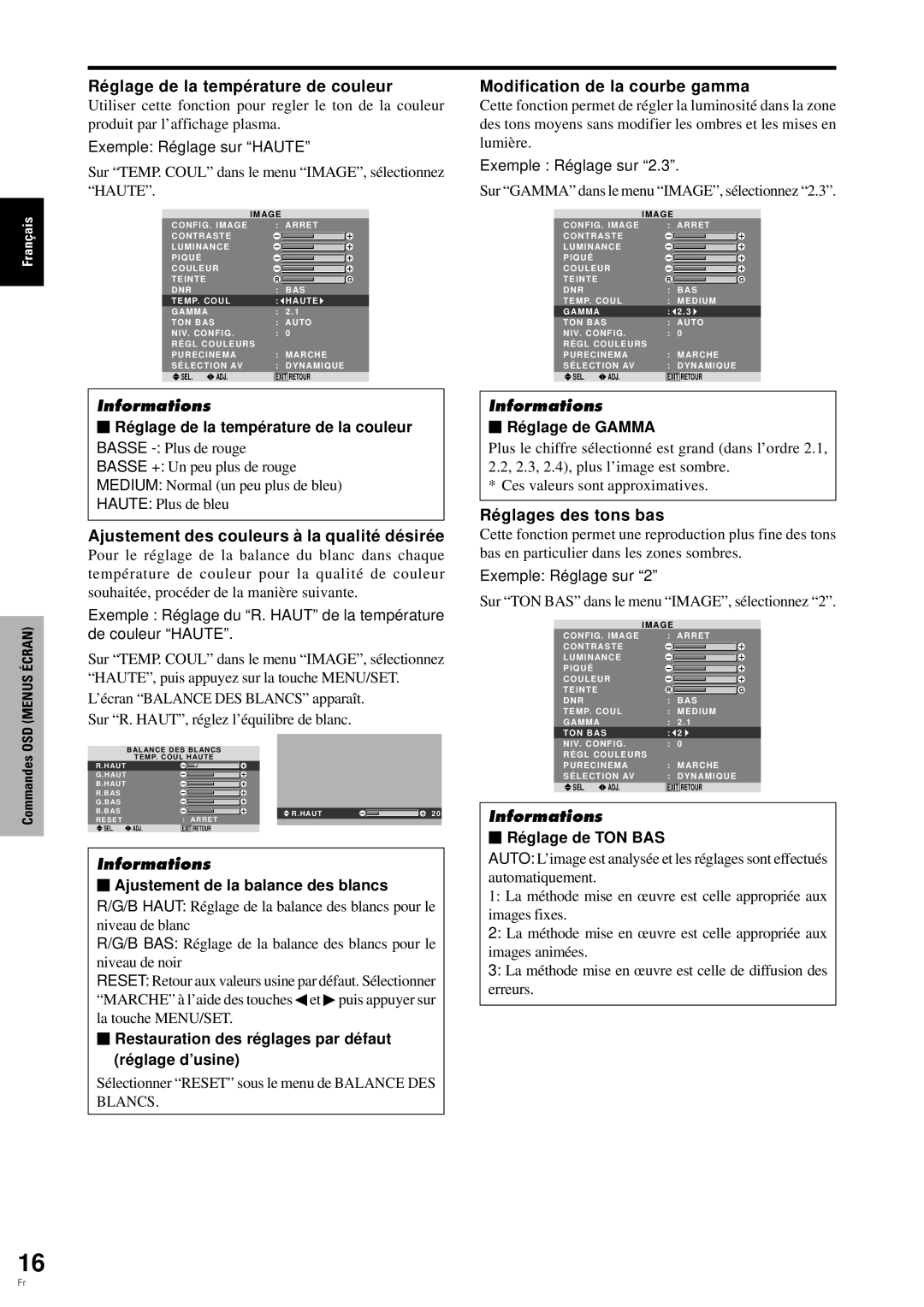 Pioneer PDP-6100HD manual Ré glage de la tempé rature de couleur, Modification de la courbe gamma,  Ré glage de TON BAS 