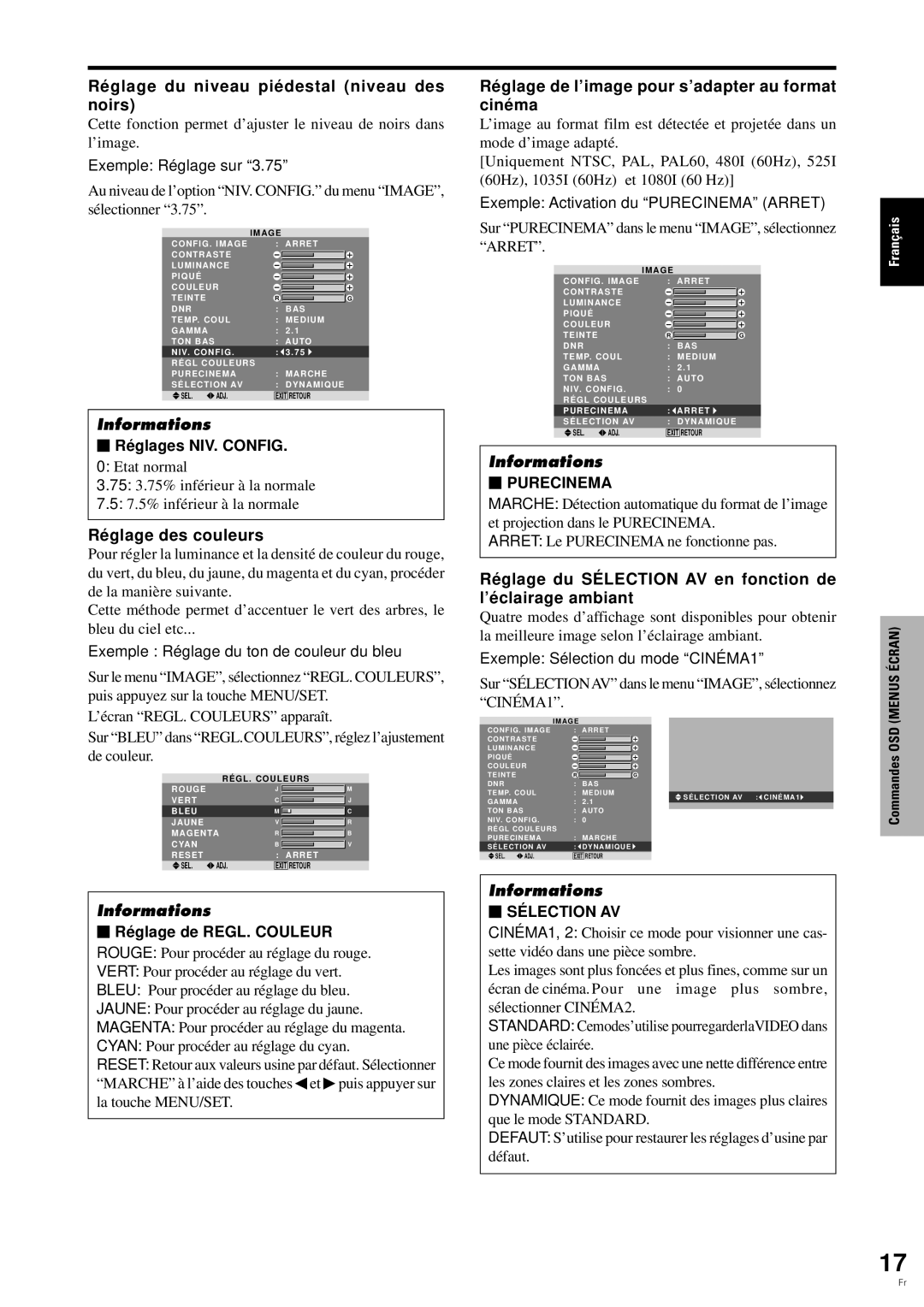 Pioneer PDP-6100HD manual Ré glage du niveau pié destal niveau des noirs, Ré glage des couleurs,  Ré glages NIV. Config 