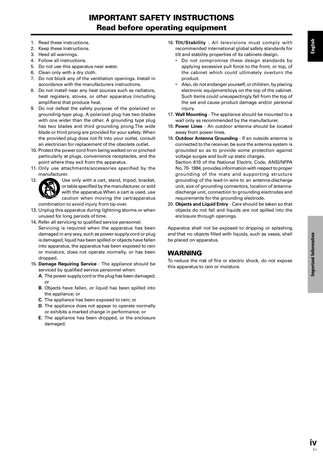 Pioneer PDP-6100HD manual Important Safety Instructions 