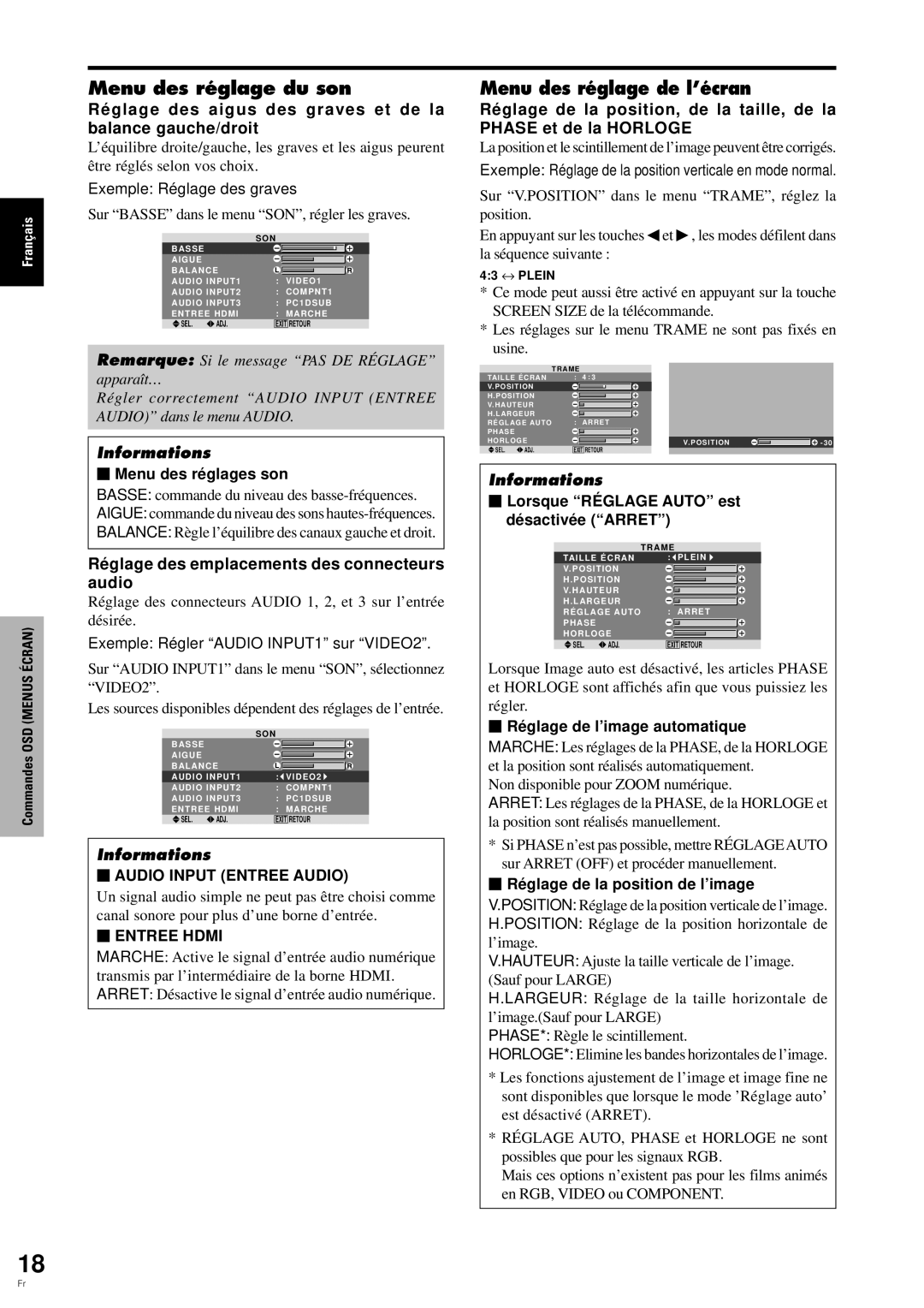 Pioneer PDP-6100HD Menu des réglage du son, Menu des réglage de l’écran, Ré glage des emplacements des connecteurs audio 