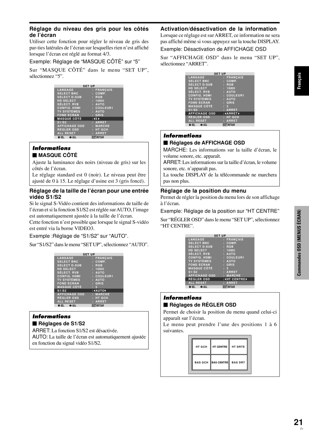 Pioneer PDP-6100HD Ré glage du niveau des gris pour les cô té s de l’é cran, Activation/dé sactivation de la information 