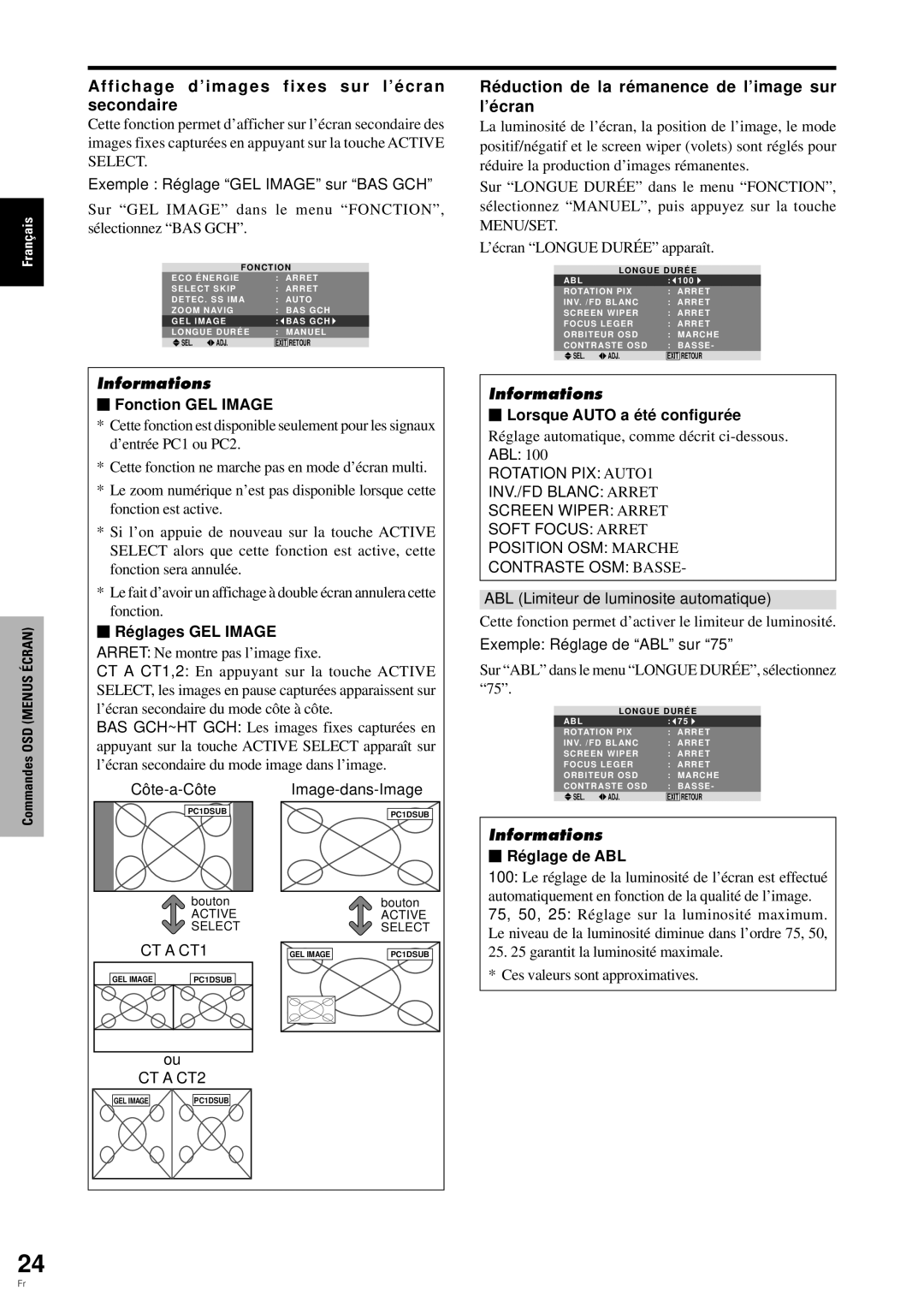 Pioneer PDP-6100HD Affichage d’images fixes sur l’é cran secondaire, Ré duction de la ré manence de l’image sur l’é cran 