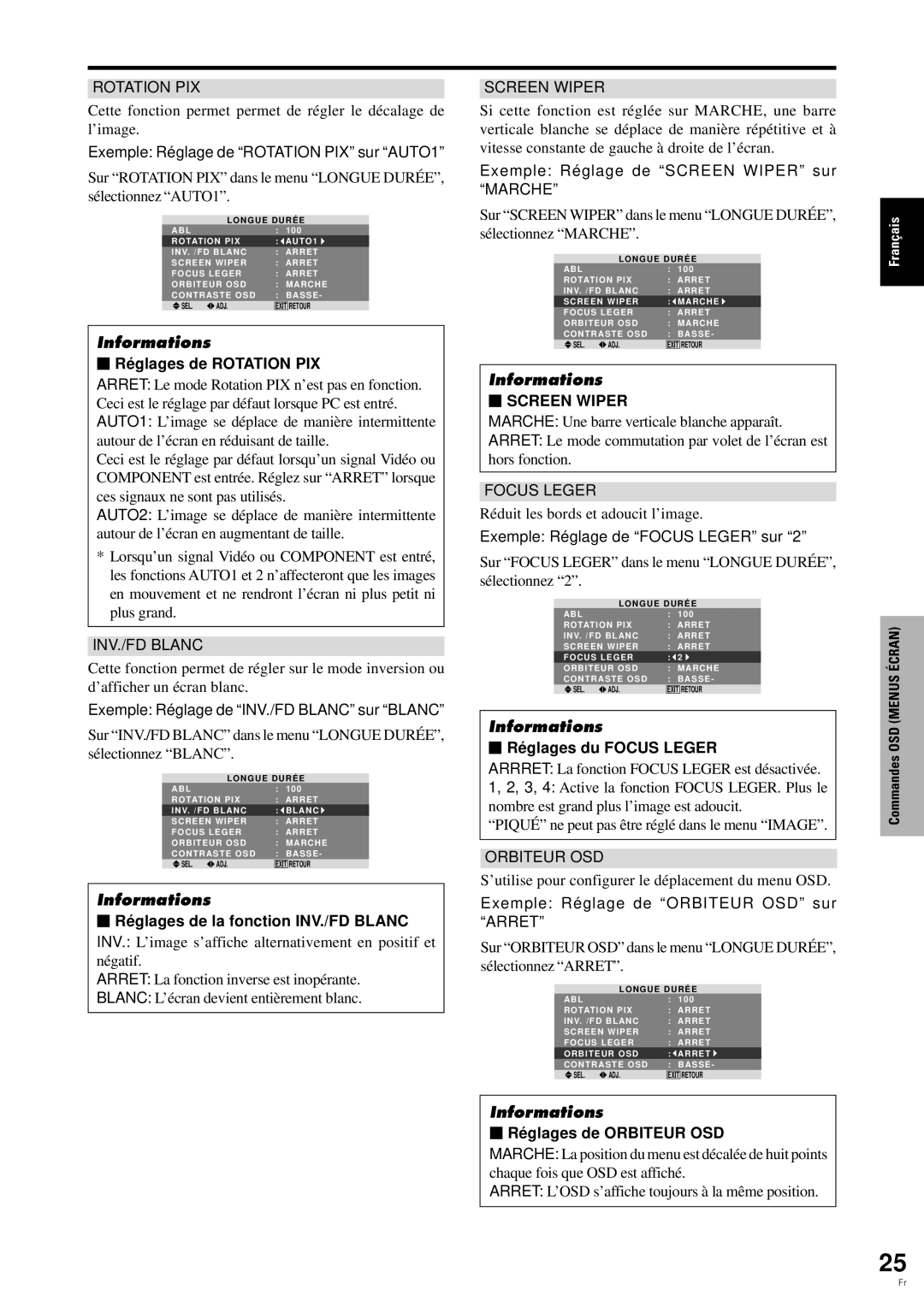 Pioneer PDP-6100HD manual  Ré glages de Rotation PIX,  Ré glages du Focus Leger,  Ré glages de Orbiteur OSD 