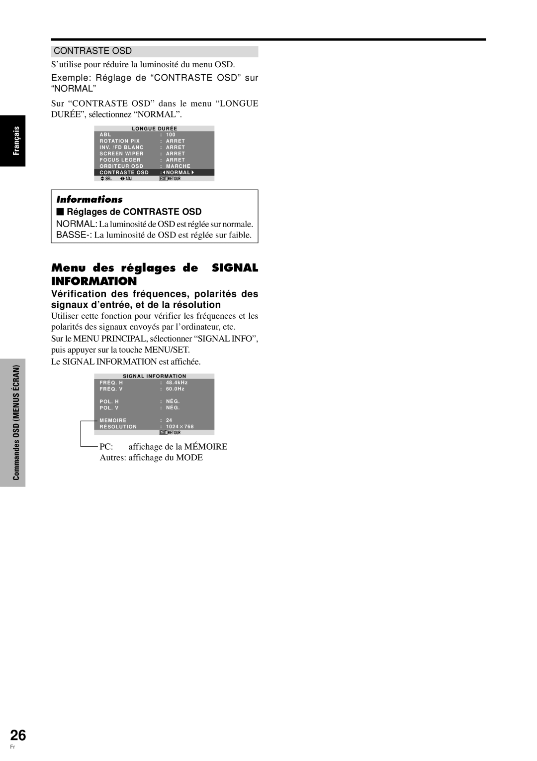 Pioneer PDP-6100HD manual Menu des réglages de Signal Information, Exemple Réglage de Contraste OSD sur Normal 