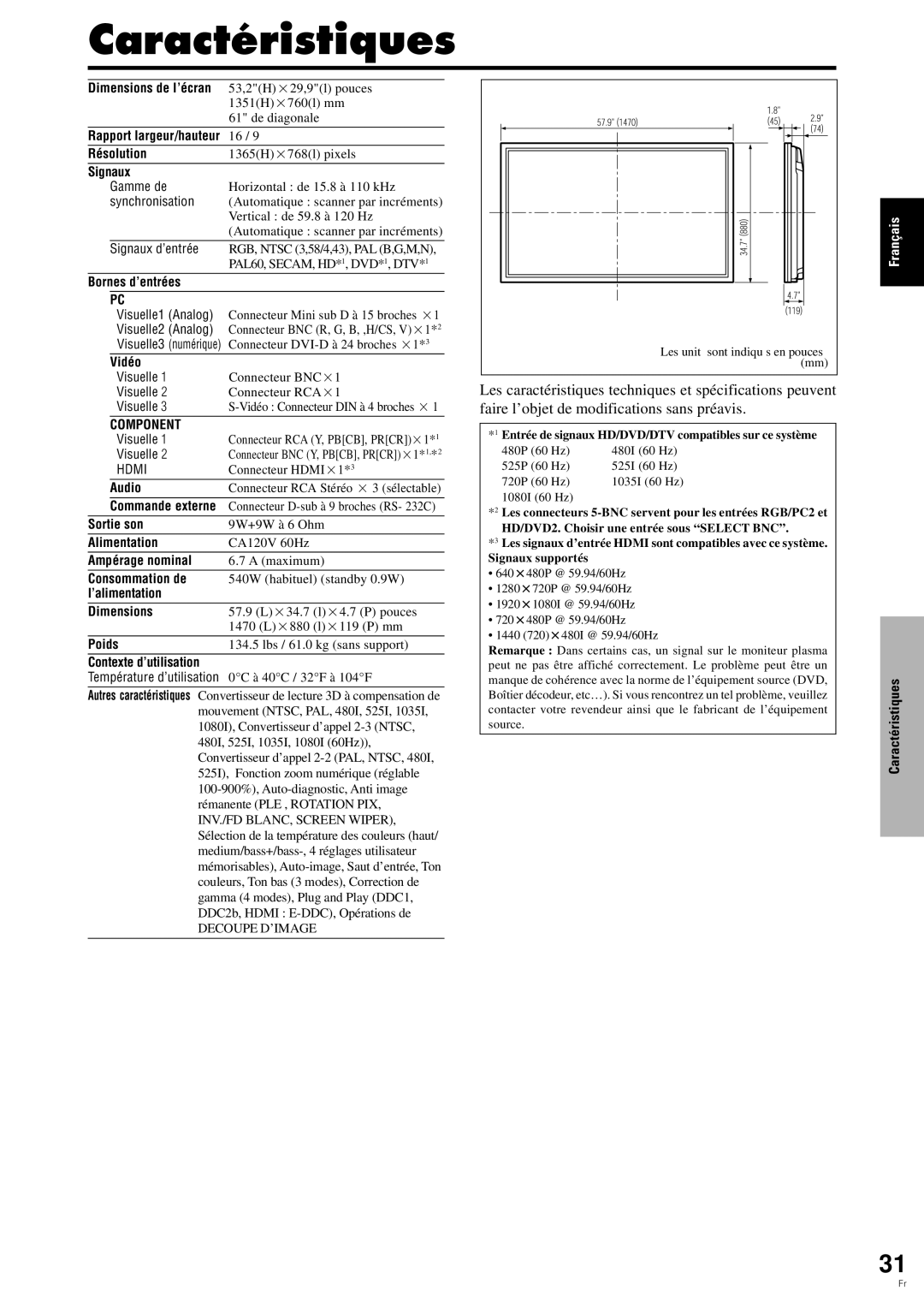 Pioneer PDP-6100HD manual Caractéristiques, Signaux 