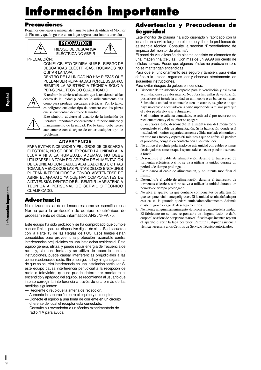 Pioneer PDP-6100HD manual Información importante, Advertencias y Precauciones de Seguridad 