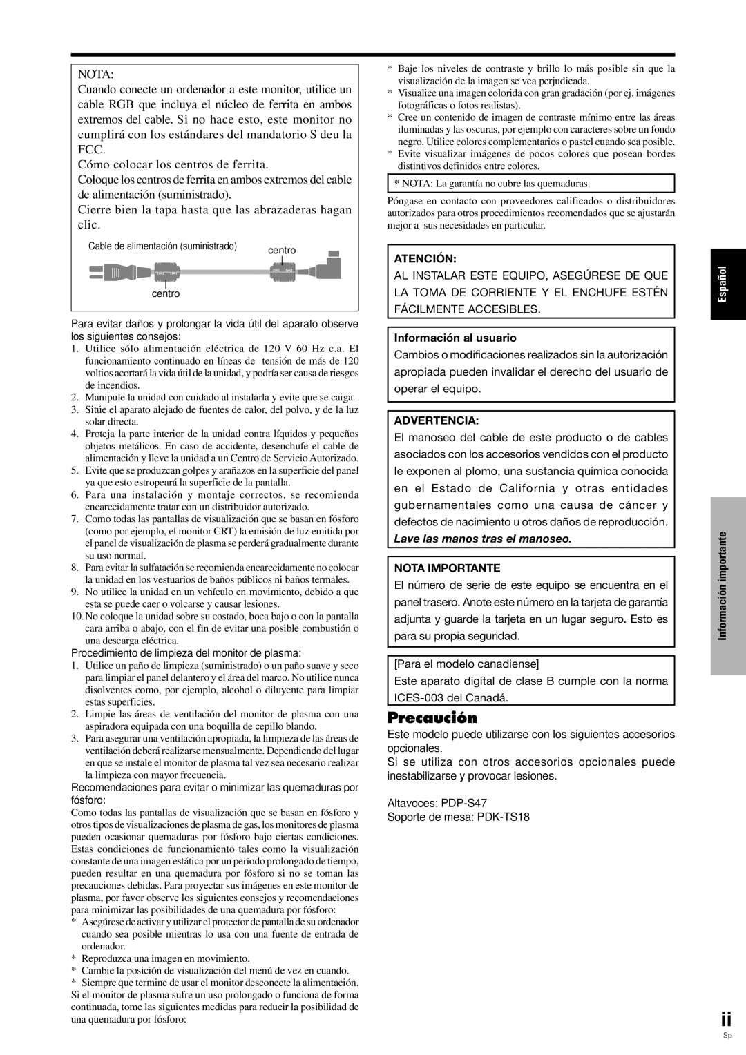 Pioneer PDP-6100HD manual Precaución, Nota 