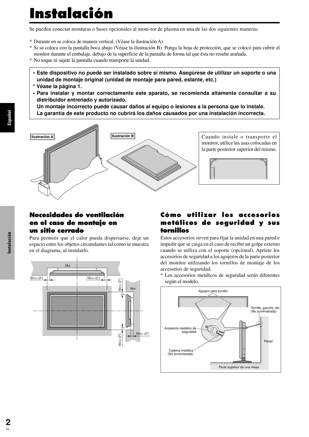 Pioneer PDP-6100HD manual Instalación, Cuando instale o transporte el, Monitor, utilice las asas colocadas en 