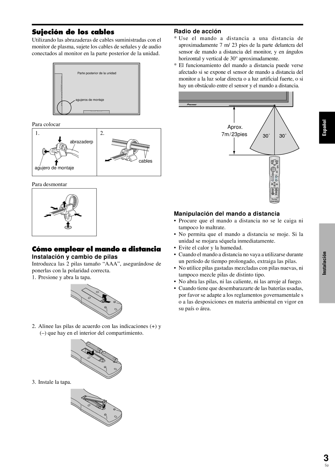 Pioneer PDP-6100HD manual Sujeción de los cables, Cómo emplear el mando a distancia, Radio de acció n 