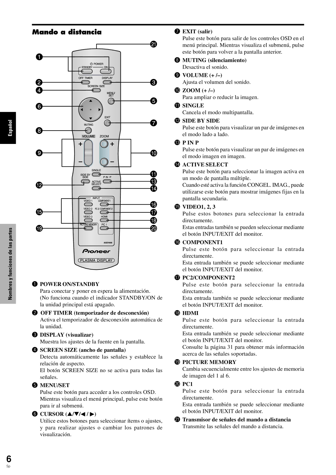 Pioneer PDP-6100HD manual Mando a distancia 