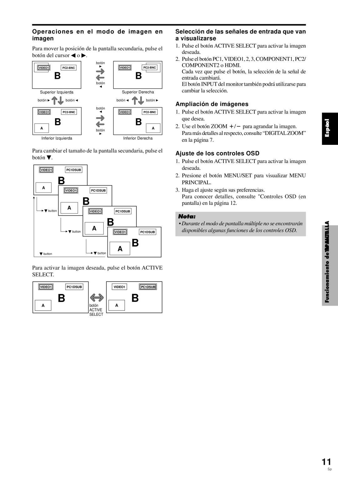 Pioneer PDP-6100HD manual Operaciones en el modo de imagen en imagen, Ampliació n de imá genes, Ajuste de los controles OSD 