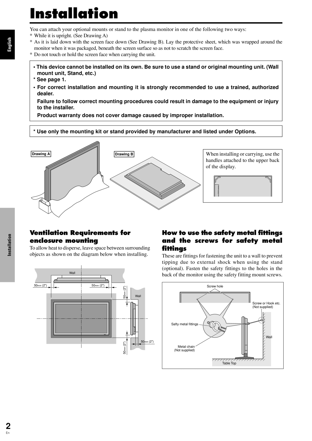 Pioneer PDP-6100HD manual Installation, Ventilation Requirements for enclosure mounting, When installing or carrying, use 