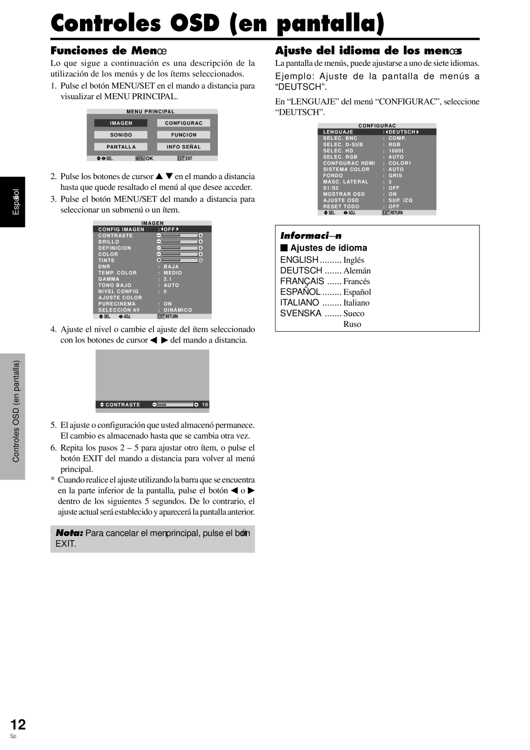 Pioneer PDP-6100HD manual Controles OSD en pantalla, Funciones de Menú, Ajuste del idioma de los menús 