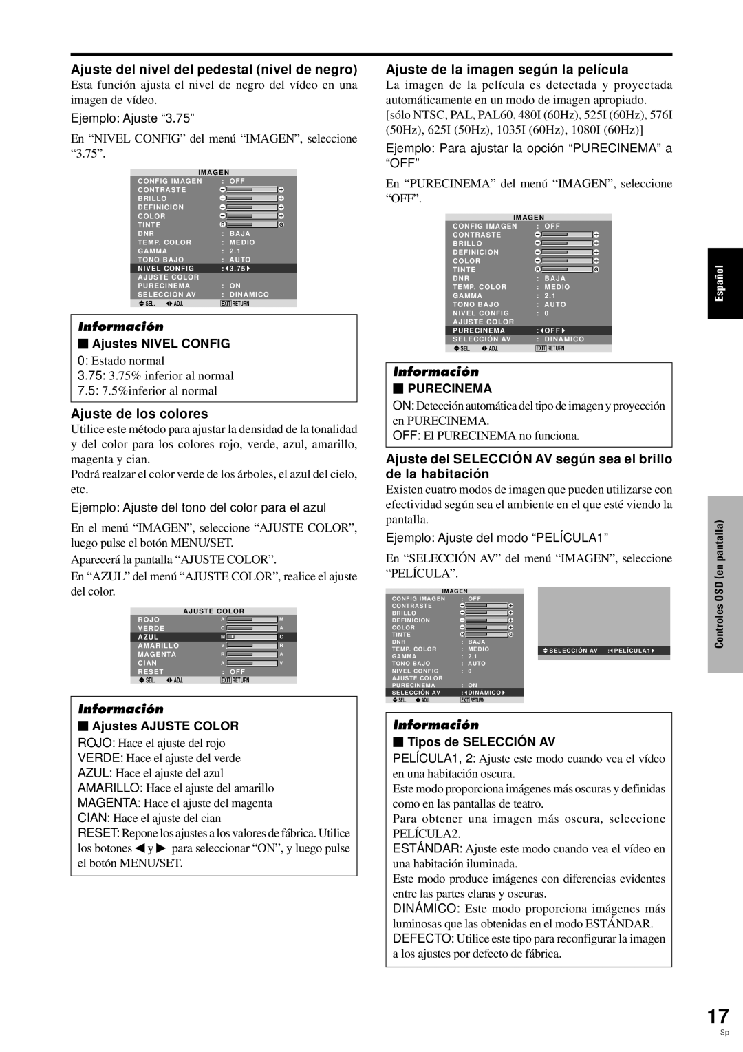 Pioneer PDP-6100HD manual Ajuste del nivel del pedestal nivel de negro, Ajuste de la imagen segú n la película 