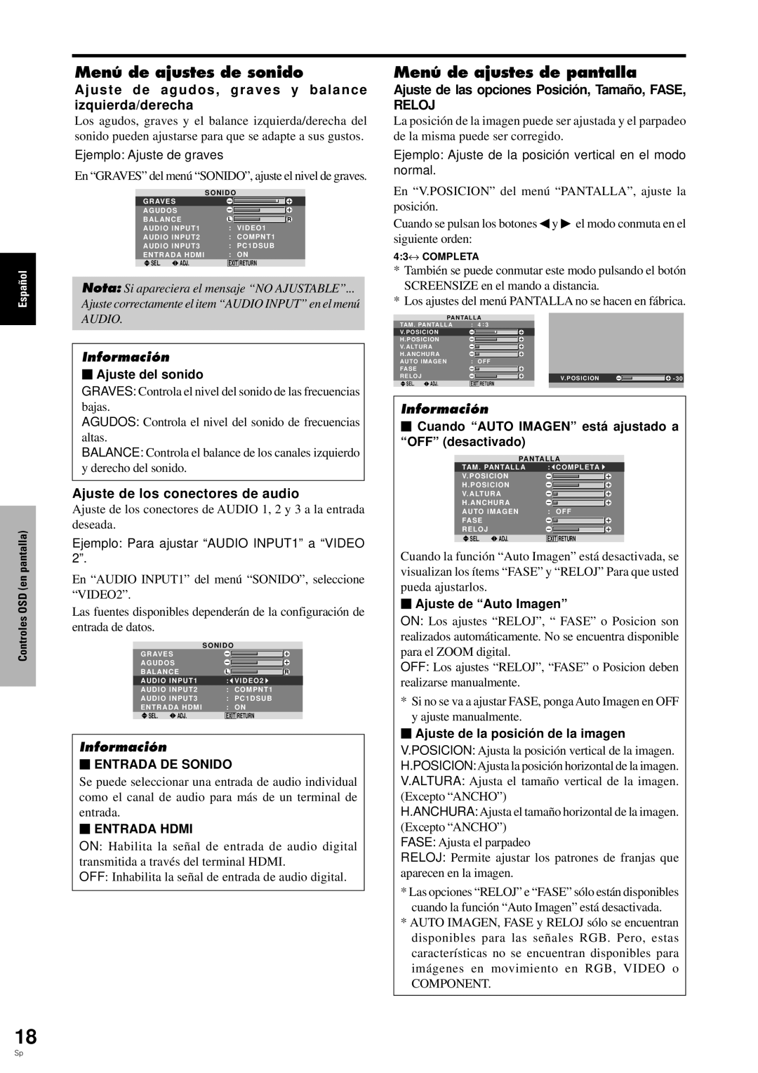 Pioneer PDP-6100HD manual Menú de ajustes de sonido, Menú de ajustes de pantalla, Ajuste de los conectores de audio 