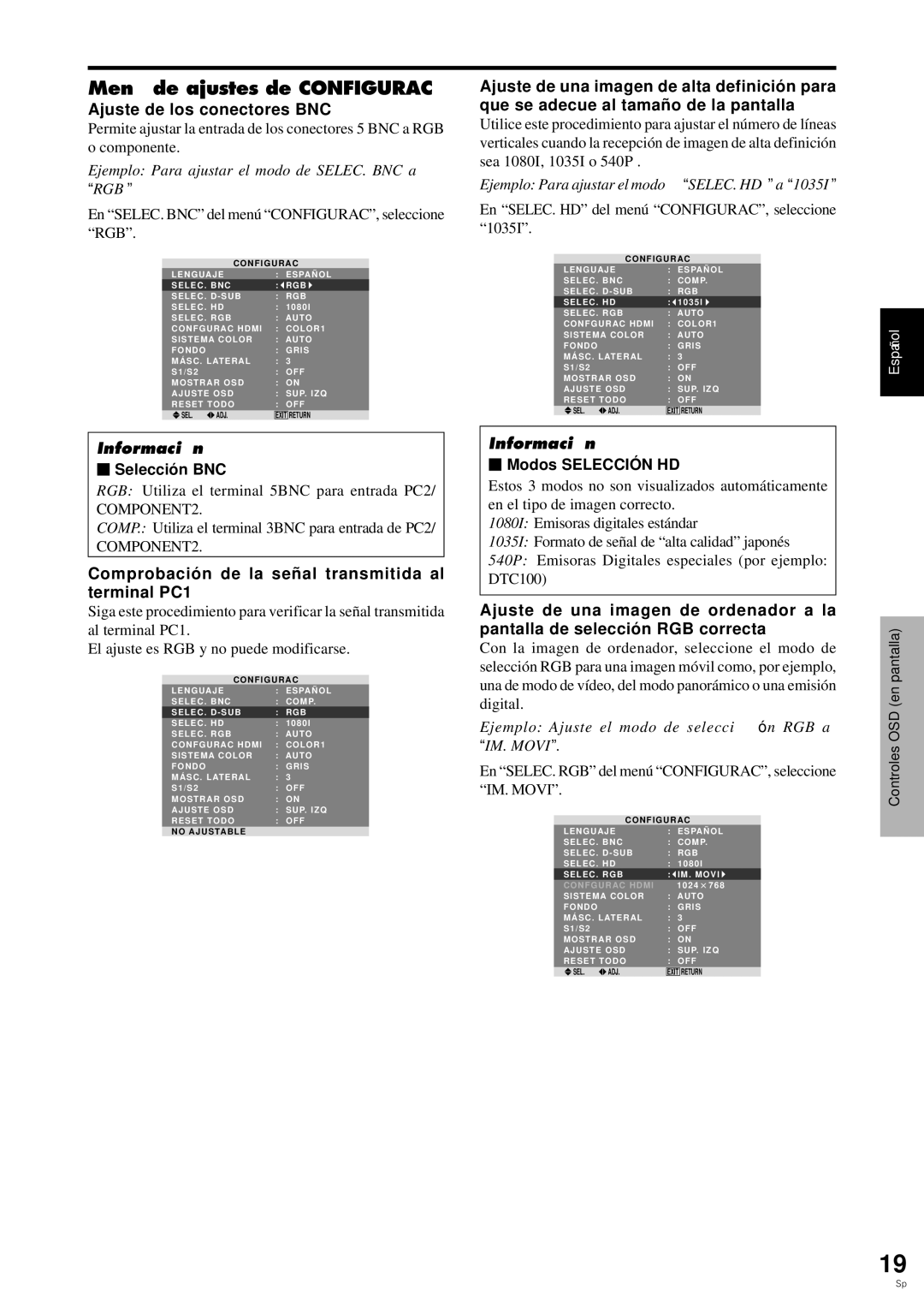 Pioneer PDP-6100HD Menú de ajustes de Configurac, Ajuste de los conectores BNC,  Selecció n BNC,  Modos Selecció N HD 