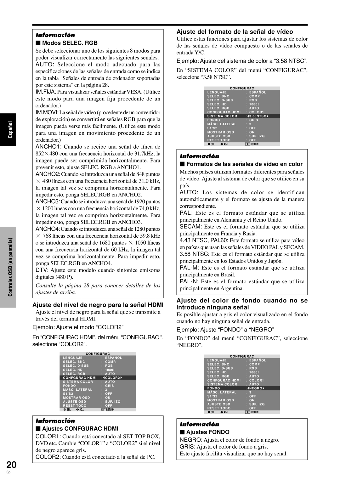 Pioneer PDP-6100HD manual Ajuste del nivel de negro para la señ al Hdmi, Ajuste del formato de la señ al de vídeo 