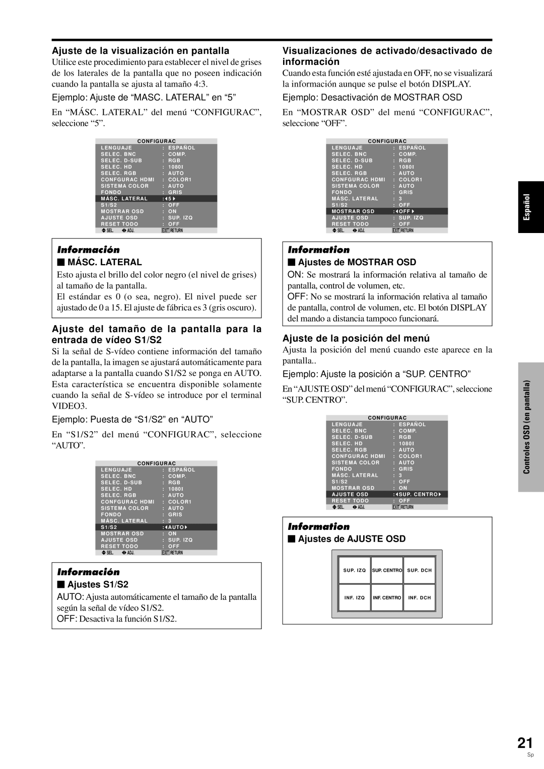 Pioneer PDP-6100HD manual Ajuste de la visualizació n en pantalla, Visualizaciones de activado/desactivado de informació n 