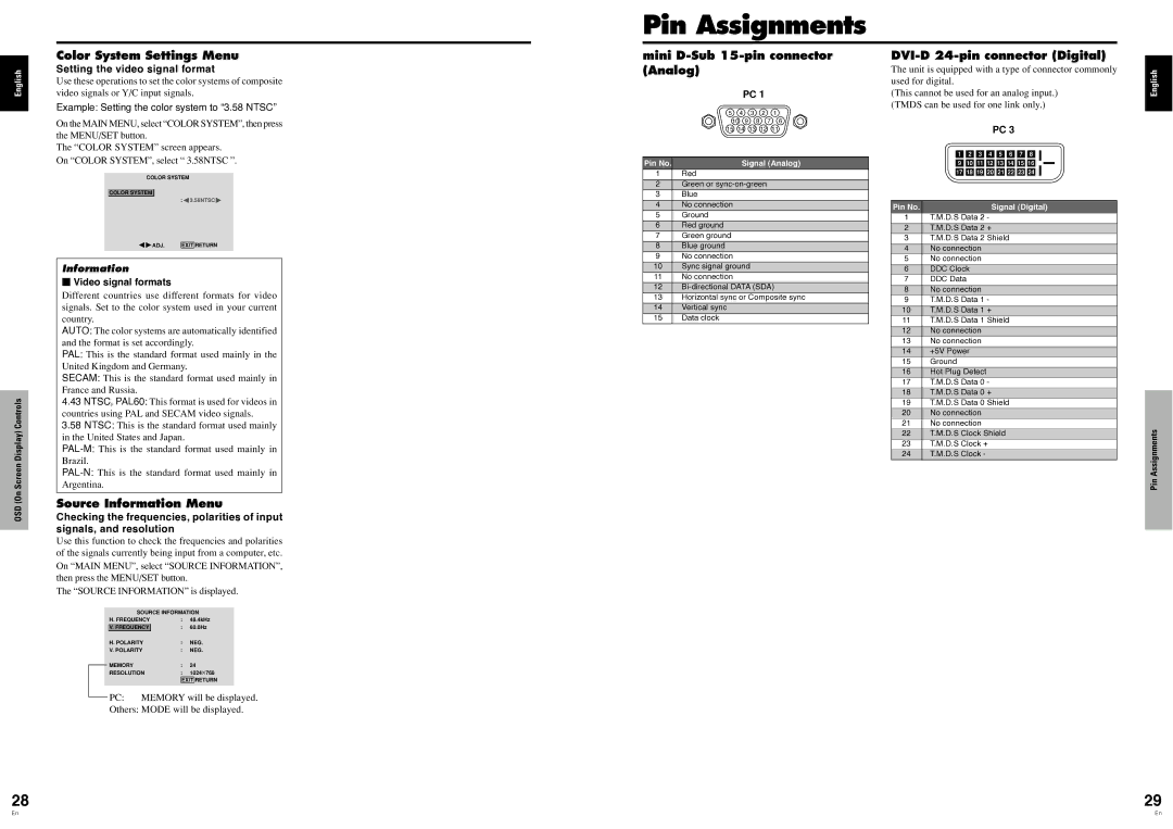 Pioneer PDP-614MX Pin Assignments, Color System Settings Menu, Source Information Menu, Mini D-Sub 15-pin connector Analog 