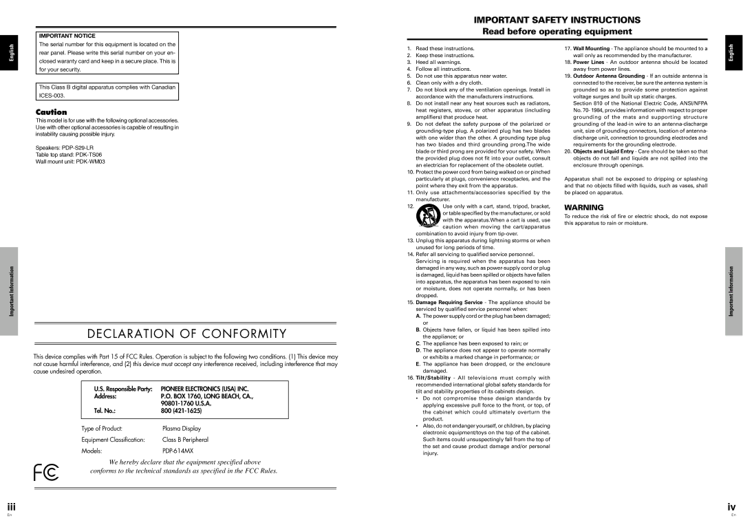 Pioneer PDP-614MX operating instructions Declaration of Conformity 